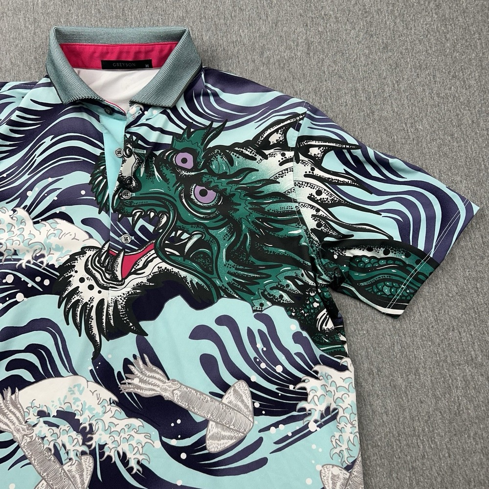 Greyson Golf Polo Mens Medium Mythical Sea Dragon Tsunami Boat Performance Shirt